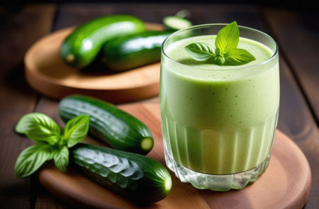 diet smoothie for weight loss, Healthy green smoothie made from cucumbers, mint and basil, organic products, healthy eating and nutrition, detoxifying green smoothieの素材