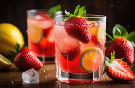 glass of non-alcoholic strawberry lemonade with mint, refreshing drink, fresh summer cocktail with ice, detox water, berry cocktailの素材