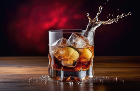 alcoholic cocktail whiskey cola, summer cocktail with lemon, soft drink with ice, International Bartenders Day, water drops, wooden tableの素材