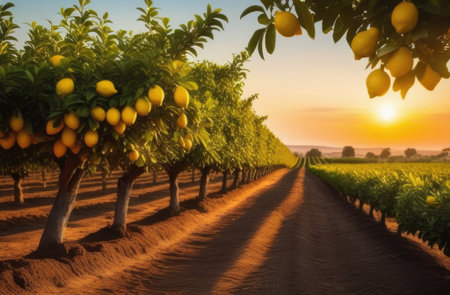 ripe lemons hang on the branches of a lemon tree, lemon garden to the horizon, long lemon plantations, sunny day, Organic Farming, sunset or dawn lightの素材