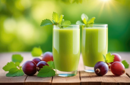glass glass of gooseberry smoothie on a wooden table, ripe gooseberry berries, gooseberry bushes on the background, orchard, sunny dayの素材