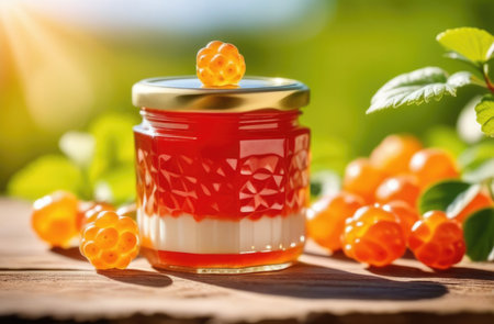 glass jar of cloudberry jam on a wooden table, ripe cloudberries, orchard, green background, sunny dayの素材