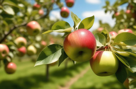 close-up, red ripe apples hanging on a branch of an apple tree, apple orchard, apple plantation, sunny dayの素材