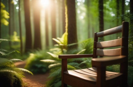 old furniture in the forest, a playground for relaxing in the forest, a wooden chair in a forest clearing, tranquility and privacy, a sunny dayの素材