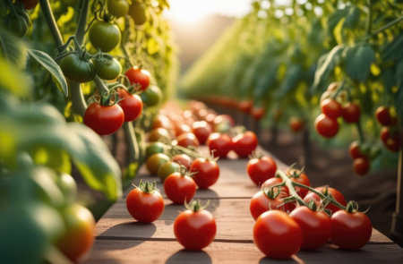 red ripe tomatoes are lying on a wooden table, against the background of a vegetable garden, tomatoes hanging from a branch, tomato bushes, harvesting, sunny dayの素材