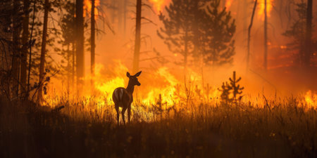 International Firefighters Day, silhouette of a deer against the background of a burning forest, forest fires, rescue of wild animals, environmental disasterの素材