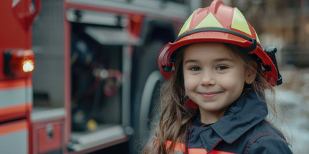 International Firefighters Day, portrait of a small child girl in a firefighter costume, fire trucks in a fire station, the concept of choosing a professionの素材