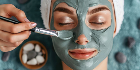 portrait of a beautiful girl with a clay mask on her face, applying a green clay mask, professional cosmetology procedure, spa and self-care concept, top viewの素材