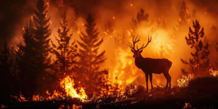 International Firefighters Day, silhouette of a deer against the background of a burning forest, forest fires, rescue of wild animals, environmental disasterの素材