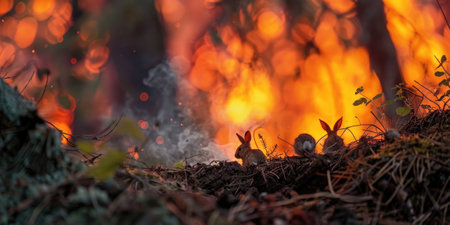 International Firefighters Day, a family of hares against the background of a burning forest, forest fires, rescue of wild animals, environmental disasterの素材