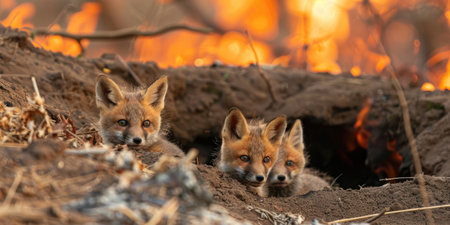 International Firefighters Day, a family of foxes peeping out of a hole against the background of a burning forest, forest fires, rescue of wild animals, destruction of forests, environmental disasterの素材