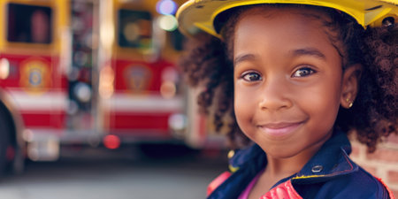 International Firefighters Day, portrait of an African-American child girl in a firefighter costume, fire trucks in a fire station, the concept of choosing a professionの素材