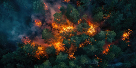 International Firefighters Day, top view, deciduous trees on fire, burning forest, large forest fires, rescue of wild animals, environmental disasterの素材