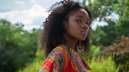 Emancipation Day in the USA, Freedom day, Juneteenth, portrait of a beautiful African-American girl in a national costume, curly hairの素材