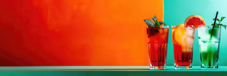 horizontal banner, Republic Day in Italy, alcoholic cocktails with ice, citrus lemonade with mint, colors of the flag of Italy, bright background, copy space, free space for textの素材
