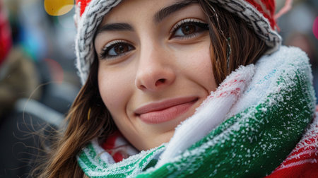 Republic Day in Italy, portrait of a beautiful girl in a knitted hat and striped scarf, close-up, smiling girl, winterの素材
