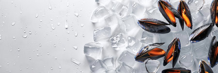 horizontal banner for fish market, fresh seafood, mussels lying on crushed ice, ice cubes, food preservation, light gray background, copy space, free space for textの素材
