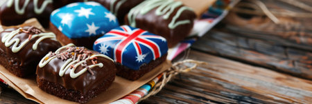 horizontal banner, Western Australia Day, flag of Australia, desserts for children, sugar cookies decorated with chocolate icing, wooden background, copy space, free space for textの素材