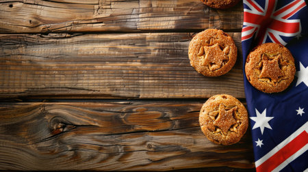 horizontal banner, Western Australia Day background, flag of Australia, desserts for children, sugar cookies, wooden background, copy space, free space for textの素材