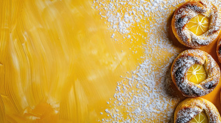 horizontal banner, National Day of Sweden background, Swedish flag, homemade traditional Scandinavian pastries for children, citrus lemon buns, copy space, free space for textの素材