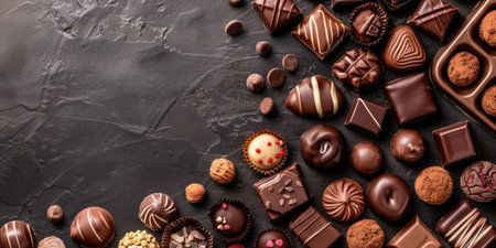 horizontal banner, different types of chocolate and chocolates, lots of sweets, top view, confectionery factory, dark background, copy space, free space for textの素材