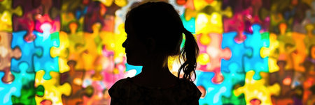 horizontal banner, Autistic Pride Day, World Autism Awareness, silhouette of a little girl on the background of a multi-colored puzzle wall, back view, rainbow background of puzzle detailsの素材