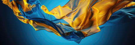 horizontal banner, celebration of Sweden's National Day, Swedish Flag Day background, abstract background, silk fabric texture in flight, copy space, free space for textの素材