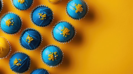 horizontal banner, National Day of Sweden background, Swedish flag, sweets for children, round cupcakes decorated with confetti, homemade cakes, top view, copy space, free space for textの素材