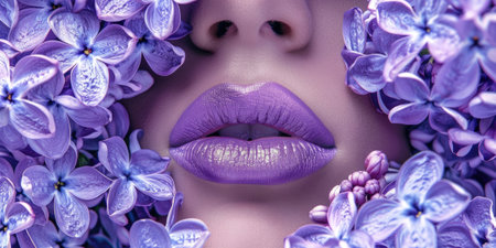 close-up of women's lips, lilac lipstick, lip gloss, delicate lilac flowers around, spa and cosmetology concept, skin care, bright makeup, horizontal bannerの素材