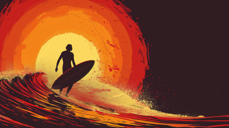 flat illustration, vintage postcard, International Surfing Day, big sea wave, outdoor activities, silhouette of a male surfer against the sunset, copy space, free space for textの素材