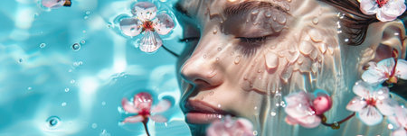 portrait of a beautiful girl in close-up, splashes of water, white flowers, clean skin concept, horizontal banner for beauty and cosmetologyの素材