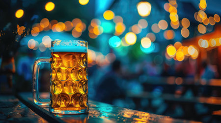 horizontal banner, oktoberfest, full mug of beer on a wooden table of an evening street bar, blurred background, bokeh effect, copy space, free space for textの素材