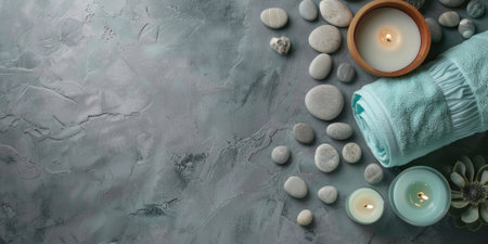 horizontal banner, spa treatment set, beauty, cosmetology and body care concept, dark stone gray background, top view, blue, copy space, free space for textの素材