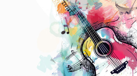 watercolor illustration, vintage postcard, International Music Day, acoustic guitar, white background, copy space, free space for textの素材