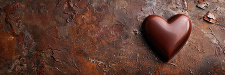 horizontal banner, poster for a pastry shop, cafe or candy store, one dark chocolate in the shape of a heart, top view, dark background, copy space, free space for textの素材
