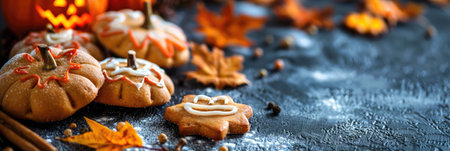horizontal banner, All Saints' Day, Day of the dead, cozy autumn background, homemade cakes, crispy cookies decorated with icing, copy space, free space for textの素材
