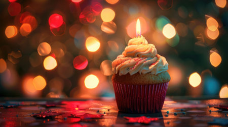 horizontal banner, berry festive cupcake with burning candles, birthday greetings, bokeh effect, shine, glitter and radiance, bright red background, copy space, free space for textの素材