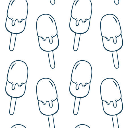Mediterranean blue line doodle pattern featuring rows of chocolate popsicles. Minimalist ice cream...