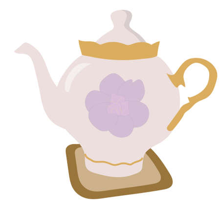 Lilac teapot for tea with a flower on a white background. single element.のイラスト素材