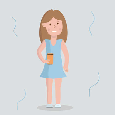 A girl in a blue dress with coffee in her hands. Cheerful girl. Vector. flat.のイラスト素材