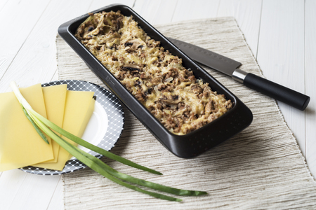 Beef lasagne just bakedの写真素材