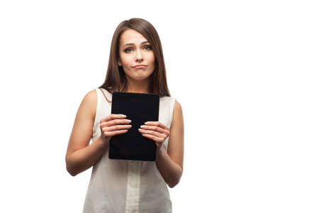 photo of a young woman on a white background with a tablet in hands