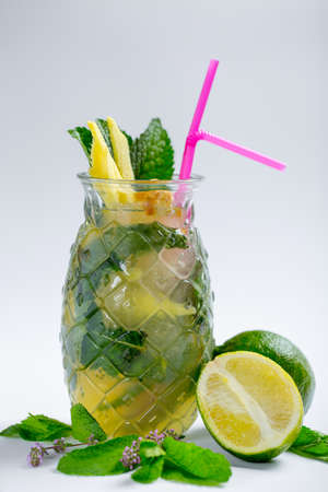 a cool, refreshing drink on a hot summer evening, lemonade in a beautiful glassの写真素材