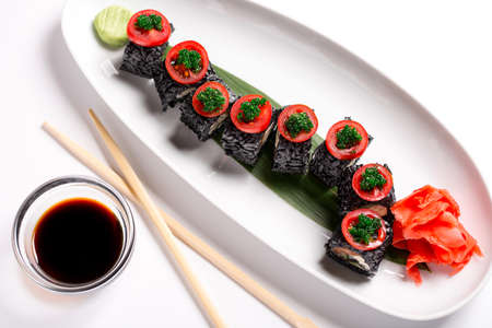 set of Japanese rolls with ginger and soy sauceの写真素材