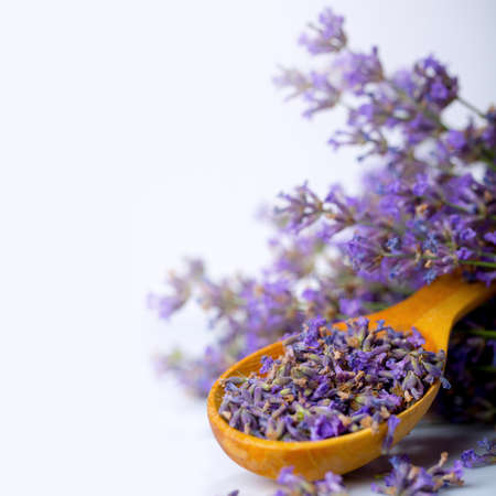 wooden spoon with lavender flowers on the background of a bouquet of lavenderの写真素材