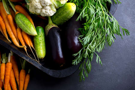 set of vegetables on a dark table, carrots, cabbage, cucumber, eggplantの写真素材