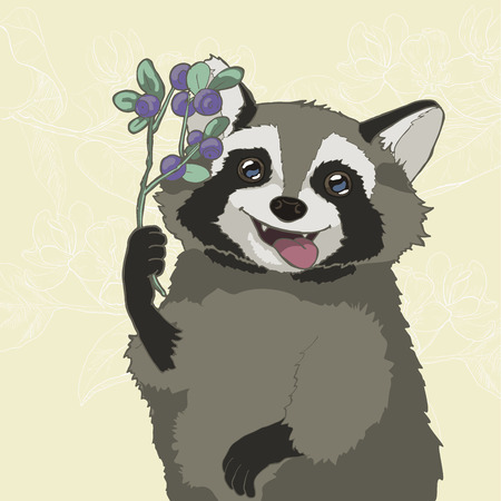 Raccoon with blueberries, vector animalsのイラスト素材