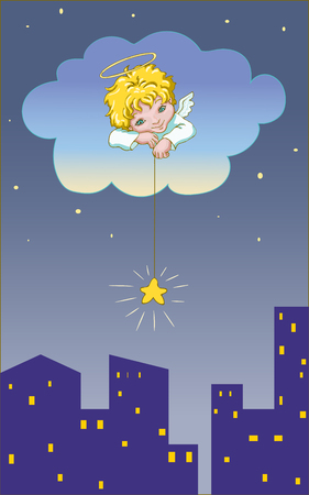 Angel, starry night, vector illustration, night townのイラスト素材