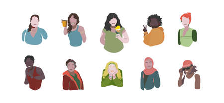 Set of abstract vector portraits of women of different nationalitiesのイラスト素材