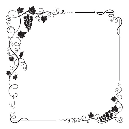 Decorative black square frame with bunch of grapes, grape leaves, swirls.のイラスト素材